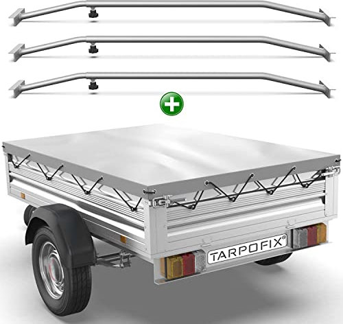 Tarpofix® Anhängerplane 207x114 cm + 3X Planenbügel | Anhänger Plane Flachplane aus PVC PLANENMATERIAL | Verstärkte Stema Anhänger Plane für 750kg PKW Hänger | Abdeckplane + Flachplanenbügel | Grau