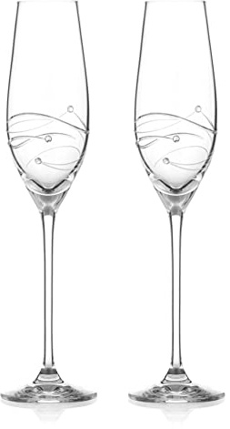 DIAMANTE Set of 2 Swarovski Champagne Flutes Prosecco Glasses Pair with ‘Spiral’ Hand Cut Design Embellished with Swarovski Crystals