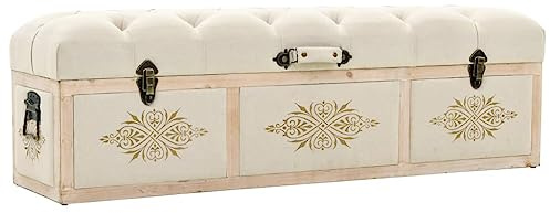 vidaXL Solid Fir Wood Storage Bench, 43.3 Cream, Retro Traveling Trunk Style with Metal Hardware, 34.72 Pounds Weight Capacity