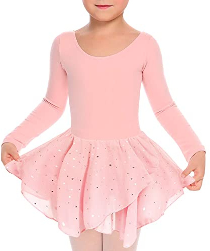TUONROAD Ballet Dress for Girls Pink Ballet Outfit Gymnastics Leotard Kids Long Sleeve Crew Neck Leotard Dancewear Fancy Tutu Dress 8-9 Years,140