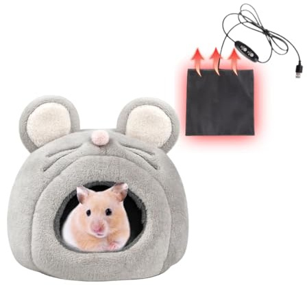 MANON ROSA Hamster Bed Cave Hideout & Heating Pad USD Adjustable Temperature Warm Winter House Pet Cage Accessories for Small Animals Chinchilla Guinea Pig Hedgehogs (Gray Mouse)