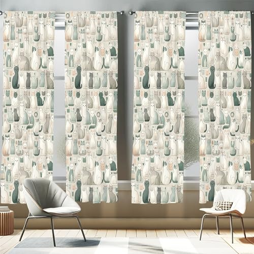 ABAKUHAUS Gatti Tenda a Pannello Set di 2, Mondo di gattino cartone animato moderno, Trattamento della Finestra per Stanza e Camera da Letto, 4 Stück 75 cm x 225 cm, Cadetto Blu Grigio Chiaro Teal