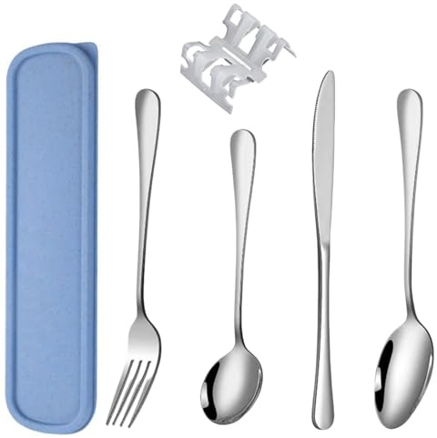 Juego de vajilla de viaje portátil, reutilizable de acero inoxidable (tenedores, cucharas y cuchillos) con estuche de almacenamiento, perfecto para camping, escuela y oficina (azul)
