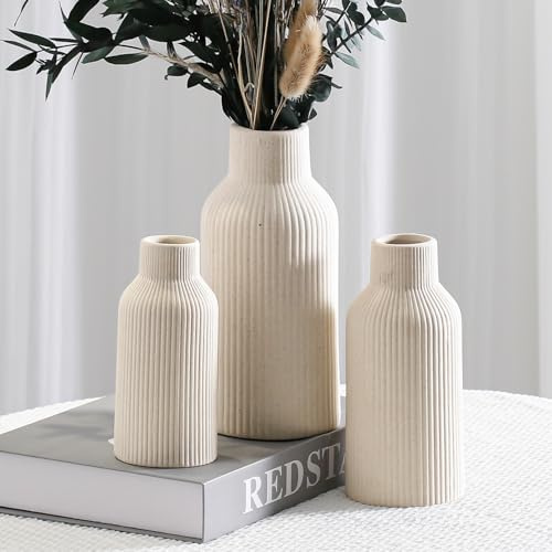 Hanaomaoyi Lot de 3 vases à fleurs en céramique beige, herbe de la pampa pour table à manger, décoration d'étagère, cheminée, décoration d'entrée et centres de table, minimaliste, moderne, bohème