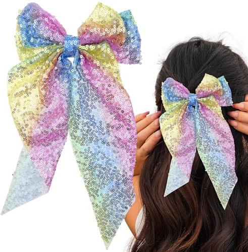 Color Large Bows Sequin Glitter Sparkle Alligator Clip Bow Hair Accessories, Double Layered Bow Design for Party Valentine's Day Girls Women Christmas Birthday