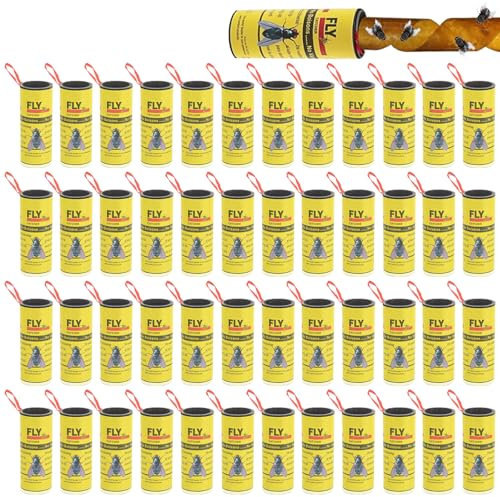 Lot de 48 rouleaux attrape-mouches, pièges à mouches en papier, piège à mouches à fruits, ruban adhésif avec adhésif puissant pour l'intérieur et l'extérieur