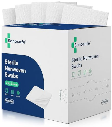 Sanosafe® Sterile Kompressen 7,5x7,5 cm | Saugstarke & fusselfreie Vlieskompressen | Für Wundversorgung & Hautpflege | EO-sterilisiert – 80 Stück