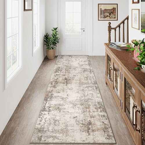 HUGEAR Waschbarer LäUfer Teppich Flur 60 x 240cm Braun Grau Modern Abstrakt Küchen Wohnzimmer Schlafzimmer Teppiche TeppichläUfer rutschfest Kurzflor Weich FlurläUfer TeppichläUfer Bettvorleger