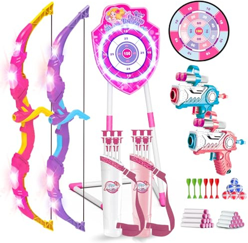 VATOS Juego de 2 juguetes de tiro con arco y flechas LED para niños de 5 a 12 años, arco luminoso y objetivo de ventosa de sirena, diana de 73 cm, juguete interior y exterior, regalo para niñas y