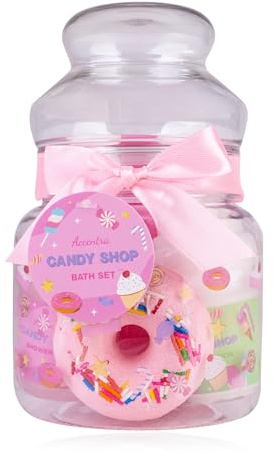 Accentra badset CANDY SHOP i godisburk av plast i godisdesign, duschgel, bodylotion, badbomb i donutform, nätsvamp i rosa, doft: Cotton Candy, presentidé till kvinnor & flickor
