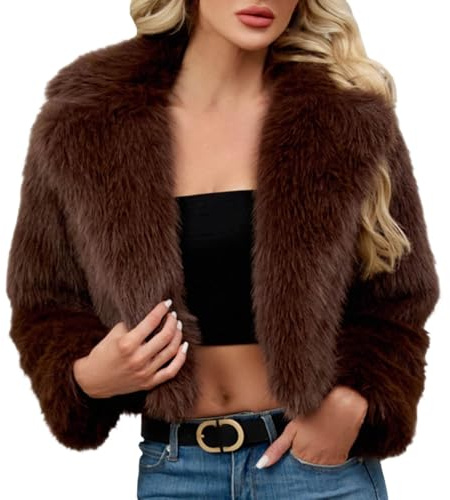 DUHENWU Cappotto da donna in pelliccia sintetica, giacca invernale corta, elegante, a maniche lunghe, in pile, calda, giacca invernale, parka, giacca in peluche, tinta unita, cappotto invernale