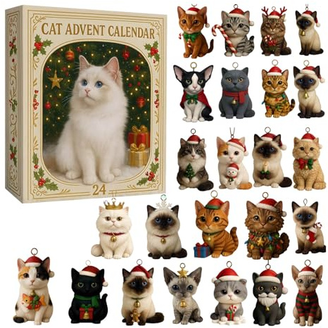 Kattälskare julkalender 2025, julnedräkningskalendrar dekorerade med 24 st 2D akryl mini katthänge, lämpligt för pojkar och flickor, barn jul roliga gåvor (katt)