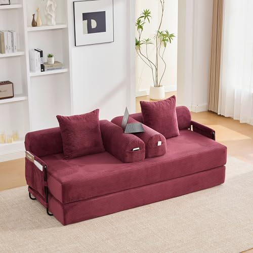 Sapgaks Canapé Convertible 3 Places avec Structure en métal Robuste, Poches latérales et 3 Coussins,canapé modulaire en Velours côtelé,Peut être combiné Librement,canapé lit,Vin Rouge