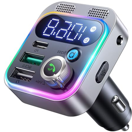 Transmisor FM Bluetooth Coche 48W con PD 30W y QC 18W, Manos Libres con Micrófonos Duales, Bluetooth 5.4, Graves Potentes Hi-Fi, Adaptador Mechero con USB y Luz LED Ambiental