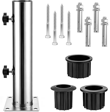 Zinueen Parasollstativ, golvrör, med 3 PVC-reduceringsringar (32/38/48 mm) och 8 stålnaglar – justerbart parasollstativ, stabilt parasoll reservdelar golvankare