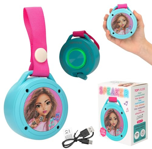 Depesche 13377 TOPModel – minihögtalare i turkos och rosa, med modellmotiv och en ögla för fastsättning, Bluetooth-högtalare för resor, inkl. USB-C laddningskabel
