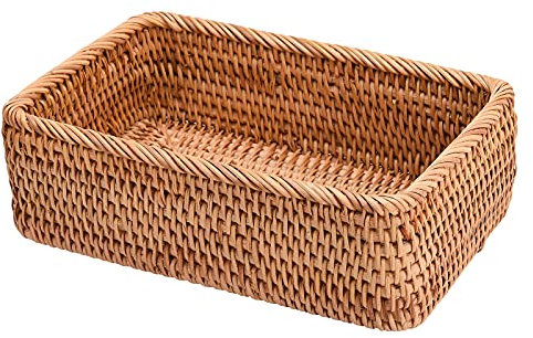 jeerbly Rechteckiger handgefertigter Rattankorb aus geflochtenem Rattan, Obst- und Brottablett, tragbare und einfache Picknick-Aufbewahrungsbox, Küchenartikel und Dekoration