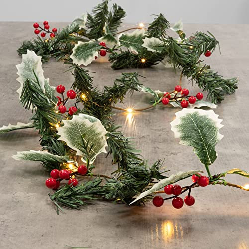 GloBrite 2M Berry & Leaf Christmas Garland with 20 Led Lights - Battery Operated Xmas Garland for Indoor Décor, Stairs, Doorways & Fireplace, Versatile Christmas Decorations