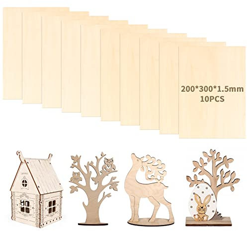 10 Stück Sperrholz Balsaholz Platten 200 x 300 x 1,5 mm, Balsa Holzblätter Balsabretter für Laubsäge Handwerk Basteln, Malerei, Dekorationen