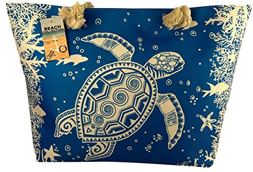 Alsino Strandtaschen Paisley Badetasche XXL Familie - Wasserresistent mit Reißverschluss & Innentasche 58x39x17 cm - Schwimmbad Strand Tasche, Motiv wählen:TT-m64 Schildkröte hellblau
