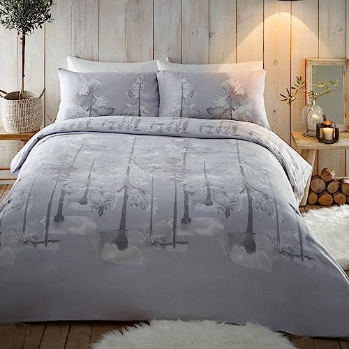 Appletree Light Grey Woodland Trees Duvet Cover Set - Double Size (200 x 200cm) - Super Soft 100% Brushed Cotton - Winter Trees Snow Forest Bedding - Alaska Collection