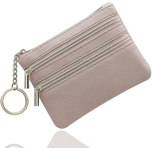 Münzgeldbörse,Klein Münzbörse, Leder Geldbörse Kreditkartenbörse mit DREI Fächern, Reißverschluss, Schlüsselanhänger, Klein Geldbeutel Business Card Mini Wallet für Damen(Khaki)