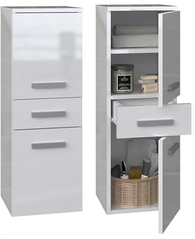 CDF Bad-Hochschrank NEL V DDS | Farbe: Weiß glänzend | Modernes Badregal | Stauraumschrank | Geräumige Einlegeböden | Türen | Einfache Montage | Stilvolle Griffe