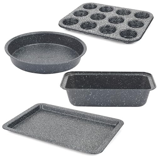 Salter COMBO-9140 Megastone Cake Tin Set – 4 Piece Bakeware with Baking Tray, Round Cake Pan, Loaf Tin, 12-Cup Muffin Pan, Non-Stick Coating, Carbon Steel, Easy Clean, Oven Safe to 220°C, PFOA-Free