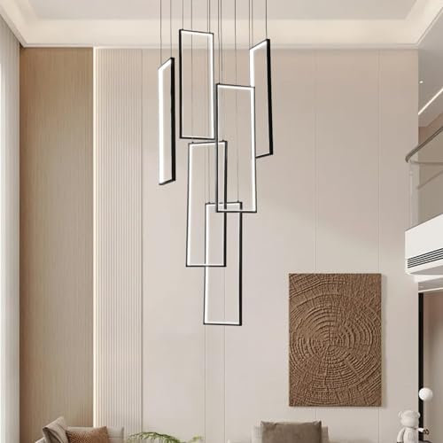 Adjustable Staircase Led Pendant Light,Modern Dimmable Chandeliers Ceiling Light With Remote Control,Black 96W Chandelier For Living Rooms,Stairway,Duplexes,Lobby,Foyer High Ceiling,6 Lights