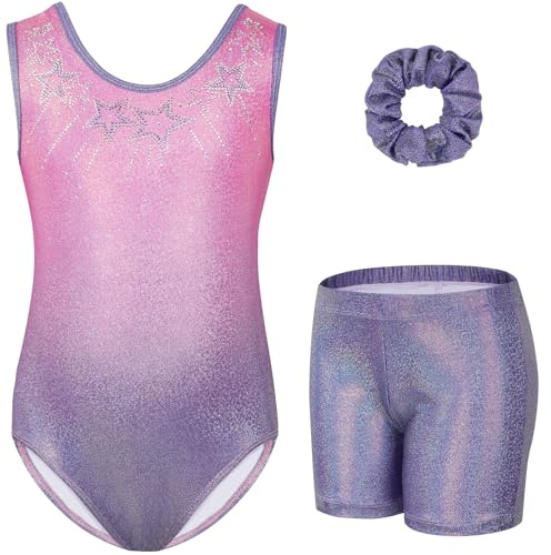 Gogokids Conjunto de gimnasia de tres piezas para niña, cuello en Y, sin mangas, con pantalones cortos y diadema, traje de gimnasia con diseño de bloques de color azul y morado, 3-12 años