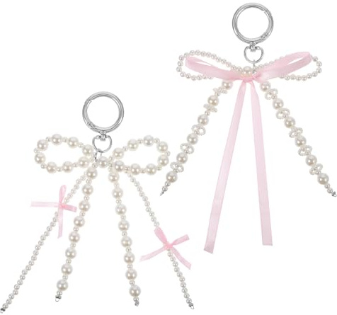 YQQYG 2 PCS Pink Bow Keychain, Cute Keychain Bag Accessories, Pink Cute Ribbon Pearl Bow Bag Accessories for Charm Purse Phone Charms Keyring