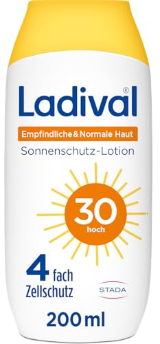 Ladival Sonnenschutz Lotion LSF 30 für empfindliche und normale Haut - Sonnencreme für den Körper, wasserfest, feuchtigkeitsspendend, mit 4-fach Zellschutz, UV-Schutz, 200ml