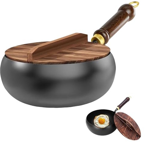 Suntuup - Sartén de hierro japonesa, sartén de hierro sin revestimiento, tapa de madera de 9.45 pulgadas, sartenes japonesas forjadas a mano, antiadherentes, duraderas y sin óxido para cocinas
