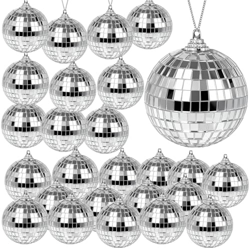 TYSM-CC Sfere a Specchio da Discoteca 24 Pezzi in Argento Brillante | Decorazioni Riflettenti di Alta Qualità in PVC per Alberi di Natale, Matrimoni, Feste e Compleanni | Diametro 4 cm