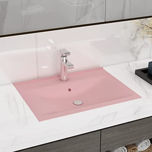 Lavabo da Incasso o Sospeso in Ceramica, Design Moderno con Foro Rubinetto, Colore Rosa Opaco, Ideale per Bagno o Toilette, 60 x 46 cm