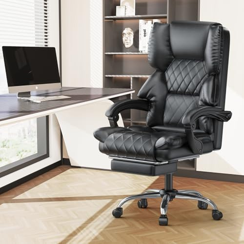 rattantree Executive Ergonomic Office Chair with Footrest, High Back, Black | Recliner gaming chair, PU Leather with Padded Cushion, Soft Armrest Reinforced, Height Adjustable for Home Office Working