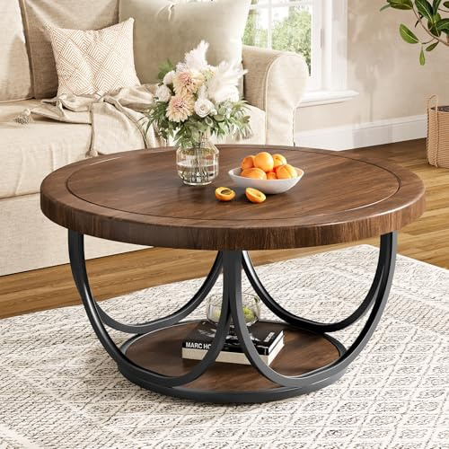 Tribesigns Round Coffee Table with 2 Tiers, 31.5 Wooden Circle Accent Cocktail Table with Storage Shelf and Metal Frame, Industrial Center Tables for Living Room, Brown & Black