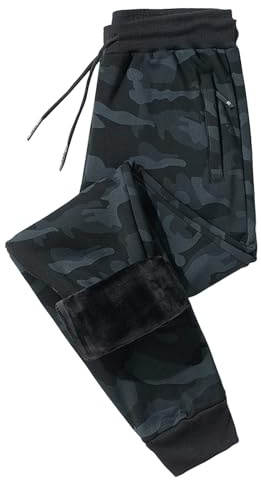Fleecefodrade kamouflagebyxor för män elastisk midja kamouflagebyxor varma träningsbyxor vardaglig träningsoverall underdel med dragkedja, Svart, 3XL
