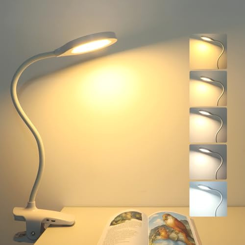 Akynite 36 LED Lampe de Lecture Rechargeable avec Pince, 5 Couleur et 5 Intensité, Lumière de Lit, Lampe Pince Tactile & Dimmable pour Enfants, Blanche