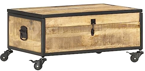Bucmath Soffbord 70 x 50 x 33 cm massivt trä mango, vardagsrumsbord med 4 rullar, vikbar platta, förvaringsutrymme, handgjort, polerat, för vardagsrum