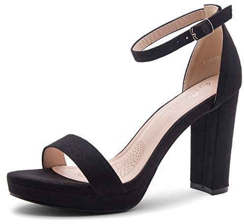 Shoe Land Women's Platform Heels - Chunky Block Heeled Sandals with Ankle Strap, Open Toe Dressy High Heels for Women, Comfortable Prom, Wedding & Party Pumps 2025, 1099Black, Size 7.0, Enlove