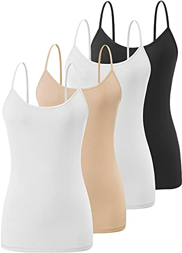 Air Curvey 4 Pack Camisole Tops for Women Basic Undershirt Tanks Adjustable Spaghetti Straps Camis Seamless Soft Layering Top Black White Nude White M