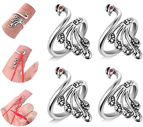 Sibba Adjustable Crochet Hooks Stitch Loop Rings Woven Yarn Holder 4 Pcs Alloy Opening Finger Crocheting Knitting Guide Counters Accessory Peacock Pattern Markers Tags Pins for Hand Weaving Hook Line