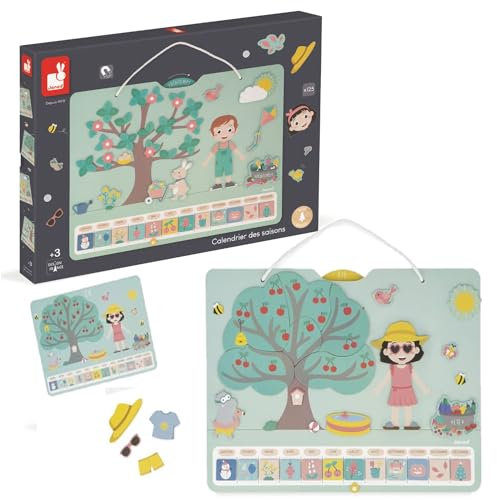 Janod - Jahreszeitenkalender - Holzkalender für Kinder 42 x 32 cm - Magnetisch - 125 Magnete - Jahreszeiten Lernen - auf Englisch - Ab 3 Jahre, J05464