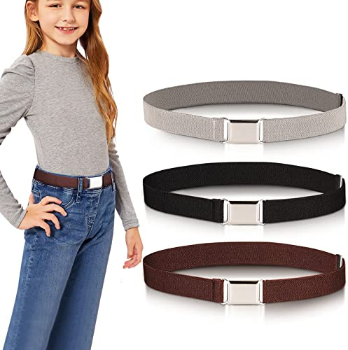 3 Pcs Kids Elastic Adjustable Stretch Belts - Girls, Boys, Age 9-12: Black, Grey