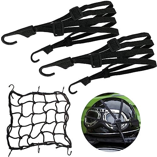 GAROMIA 2 Pcs Filet Moto avec Crochets Double, 1 Filet à Bagages Elastique Ceinture de Sangle de Bagage Rétractable Nylon Noir Sangle Porte Velo pour Support Casque et Porte pour Motos et Velos