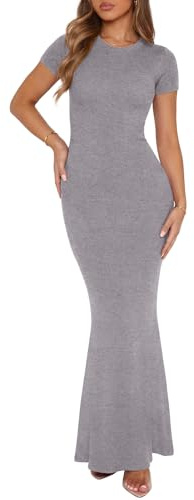 REORIA Women's Summer Sexy Casual Lounge Long Dress Elegant Wedding Guest Short Sleeve Crew Neck Bodycon Maxi Dresses Light Grey S