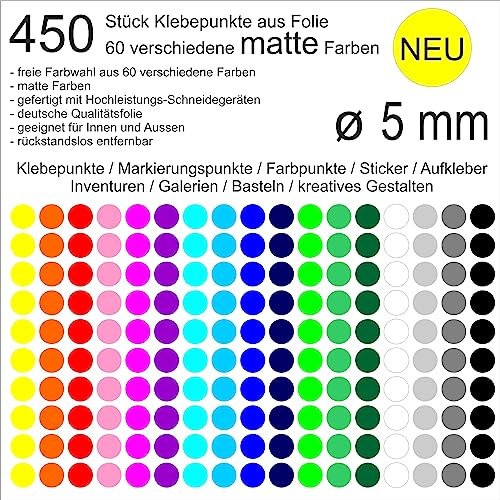 450 Stück Klebepunkte aus Folie matt rund 5mm wetterfest Aufkleber Sticker Decal Inventur Museen Galerien Markierungen Organisieren DIY basteln verzieren Scrapbook (031 Rot)