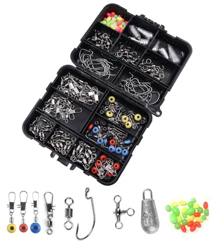NUZAMAS Juego de 160 aparejos de pesca, cebos, pesca marina, pesca de roca, caja de juego con remolinos, broches de presión, pesos de lanzamiento de bajos, línea de pesca, perlas, anzuelos de jig