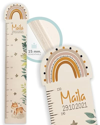 Kidsmood Messlatte für Kinder aus Holz, personalisiert mit Wunschnamen, Regenbogen Messlatte Kind Holz, individuelle Dekoration für Baby- & Kleinkinderzimmer